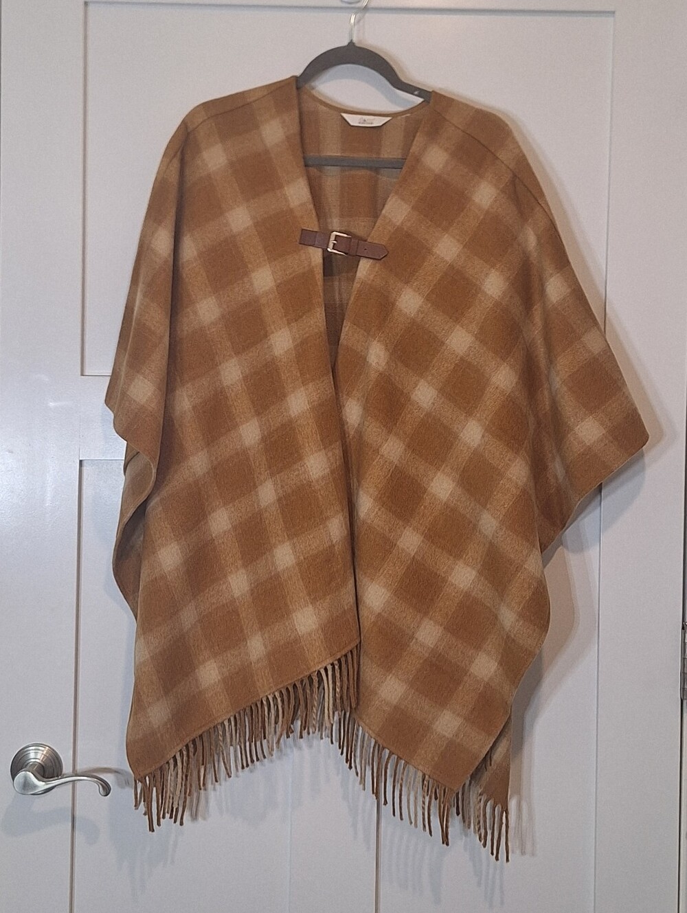 Denim & Co Heritage Wool Blend Plaid Poncho Fringe Hem Camel Butterscotch M/L